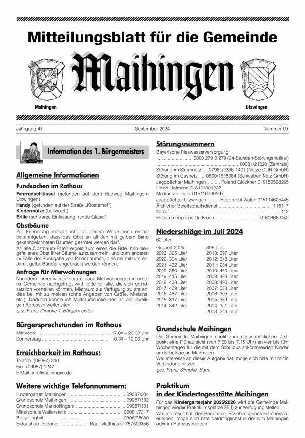 Mitteilungsblatt für die Gemeinde Maihingen Titelblatt 09/2024