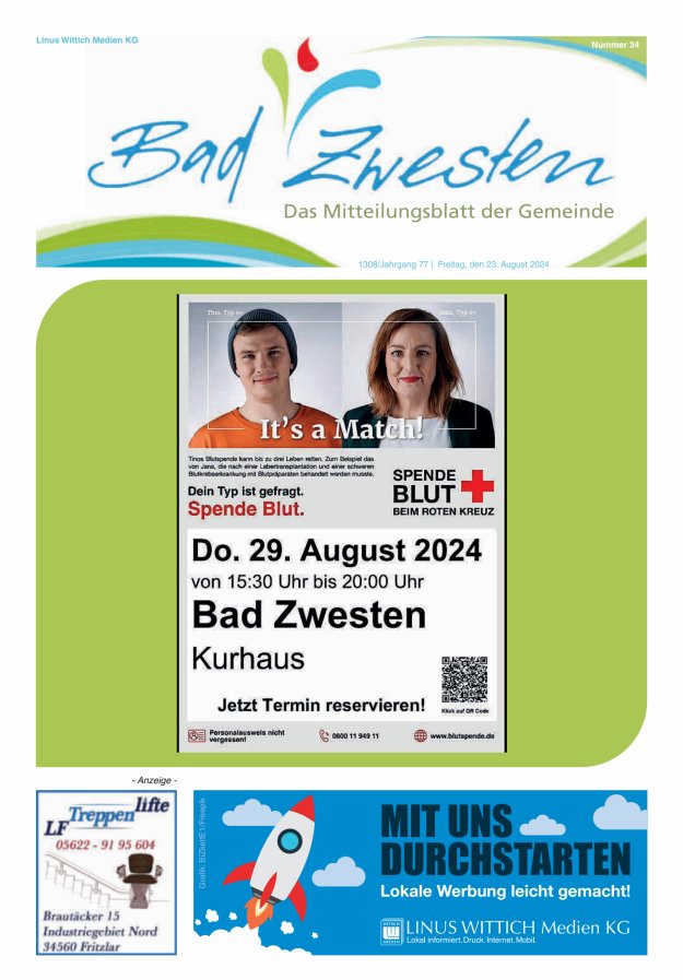 Heimatzeitung Bad Zwesten Titelblatt 34/2024