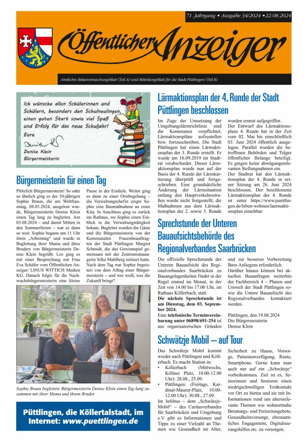Öffentlicher Anzeiger - Stadt Püttlingen Titelblatt 34/2024