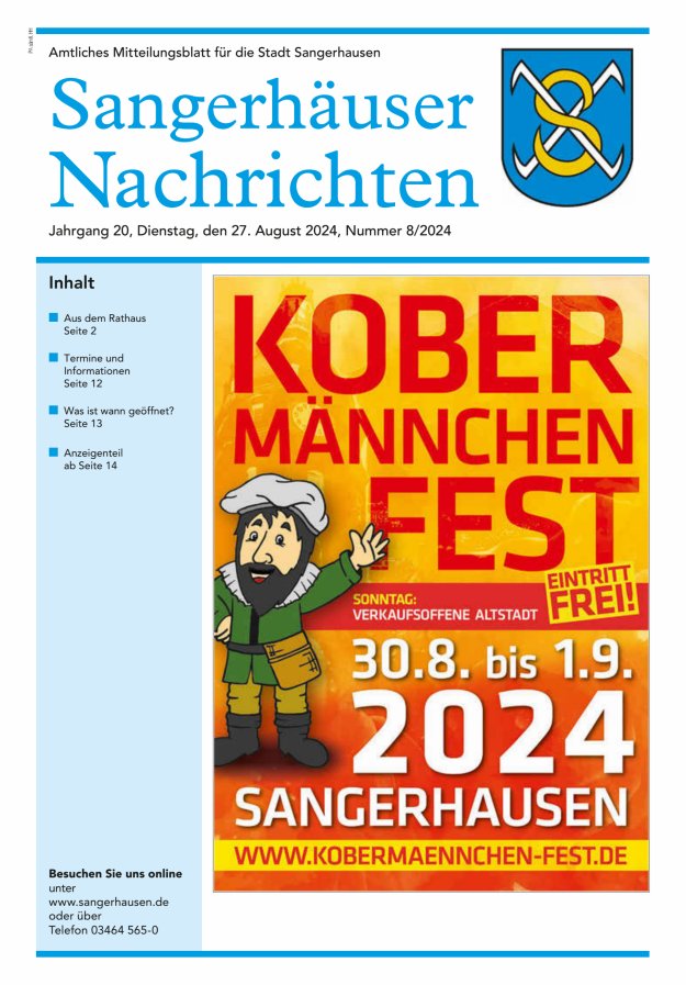 Sangerhäuser Nachrichten – Amtliches Mitteilungsblatt für die Stadt Sangerhausen Titelblatt 08/2024