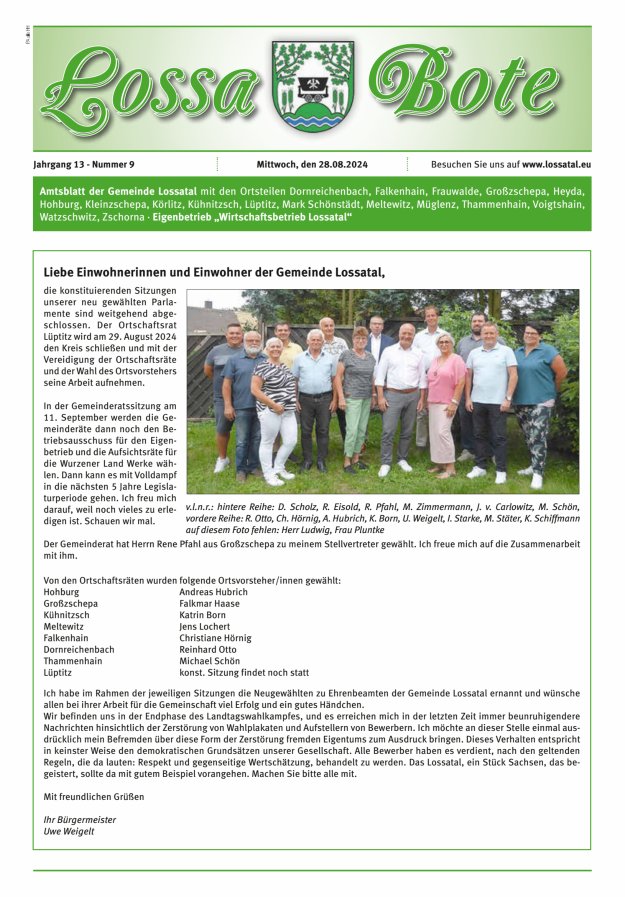Amtsblatt Lossa Bote - Gemeinde Lossatal mit den Ortsteilen Titelblatt 09/2024