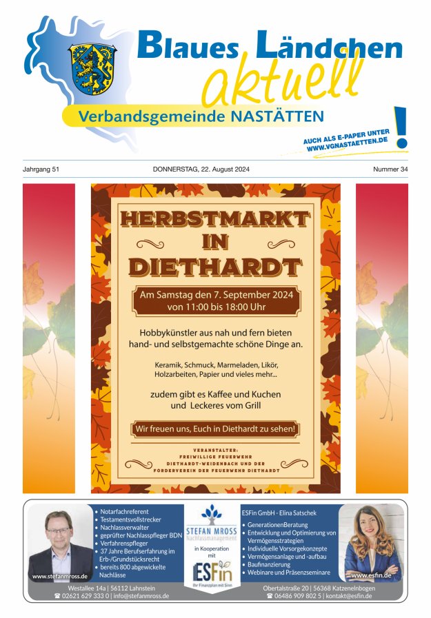 Blaues Ländchen aktuell - Heimat- u Bürgerzeitung VG Nastätten Titelblatt 34/2024