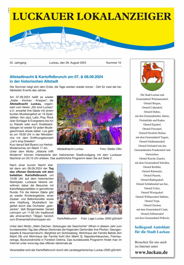 Luckauer Lokalanzeiger (beiliegend Amtsblatt für die Stadt Luckau) Titelblatt 10/2024