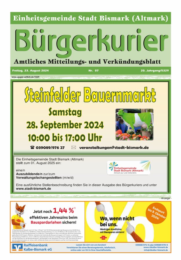 Bürgerkurier der Einheitsgemeinde Stadt Bismark (Altmark) Titelblatt 07/2024
