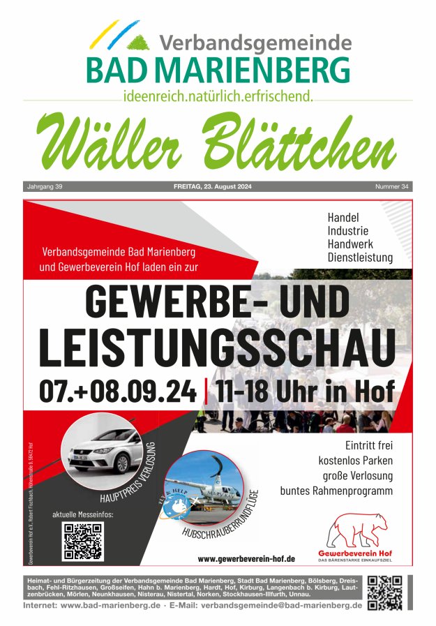 Wäller Blättchen - Verbandsgemeinde Bad Marienberg Titelblatt 34/2024