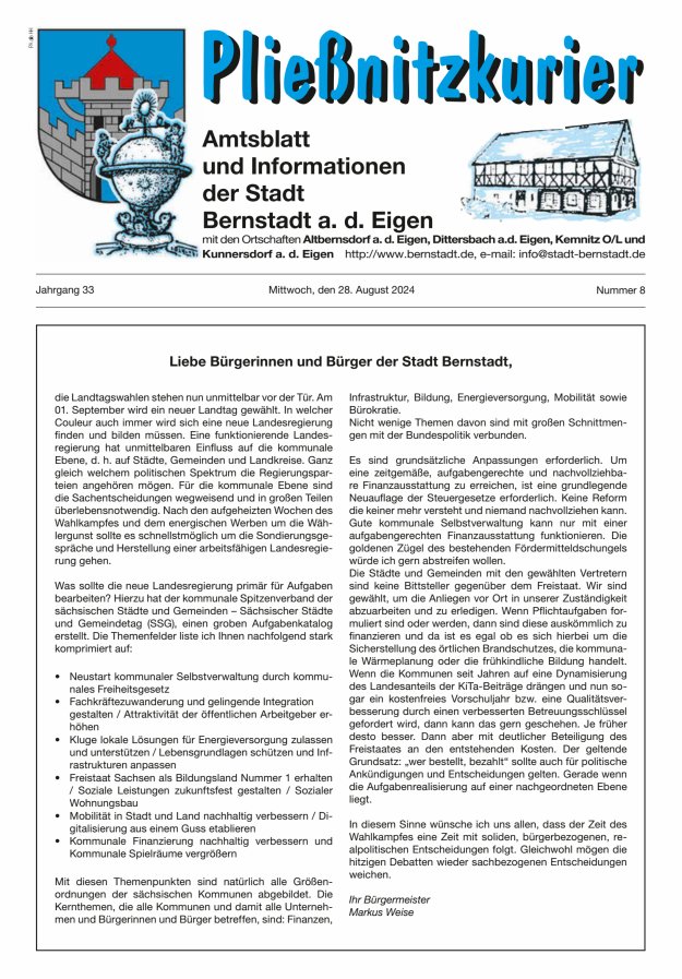 Pließnitzkurier – Amtsblatt und Informationen der Stadt Bernstadt a. d. Eigen Titelblatt 08/2024