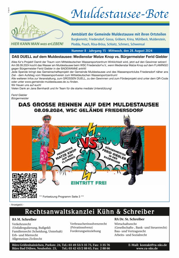 Muldestausee-Bote – Amtsblatt der Gemeinde Muldestausee mit ihren Ortsteilen Titelblatt 08/2024