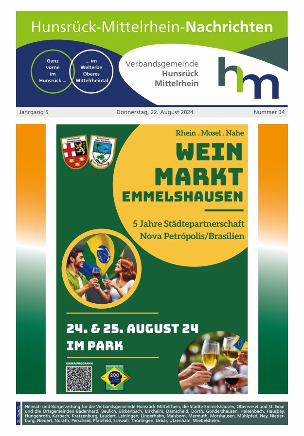 Hunsrück-Mittelrhein Nachrichten Ausgabe St Goar Oberwesel Titelblatt 34/2024