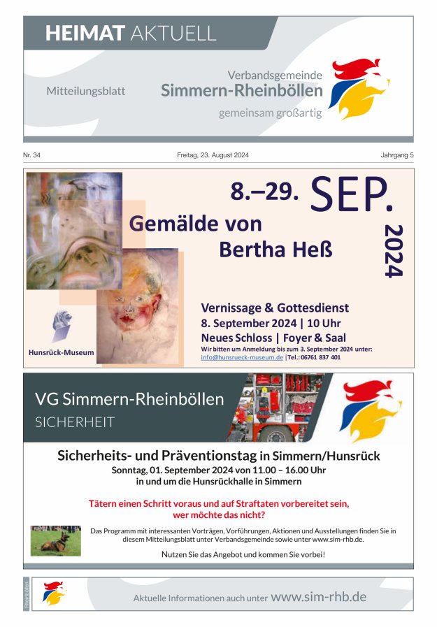 Heimat Aktuell Mitteilungsblatt der VG Simmern-Rheinböllen-Ausg Rheinböllen Titelblatt 34/2024