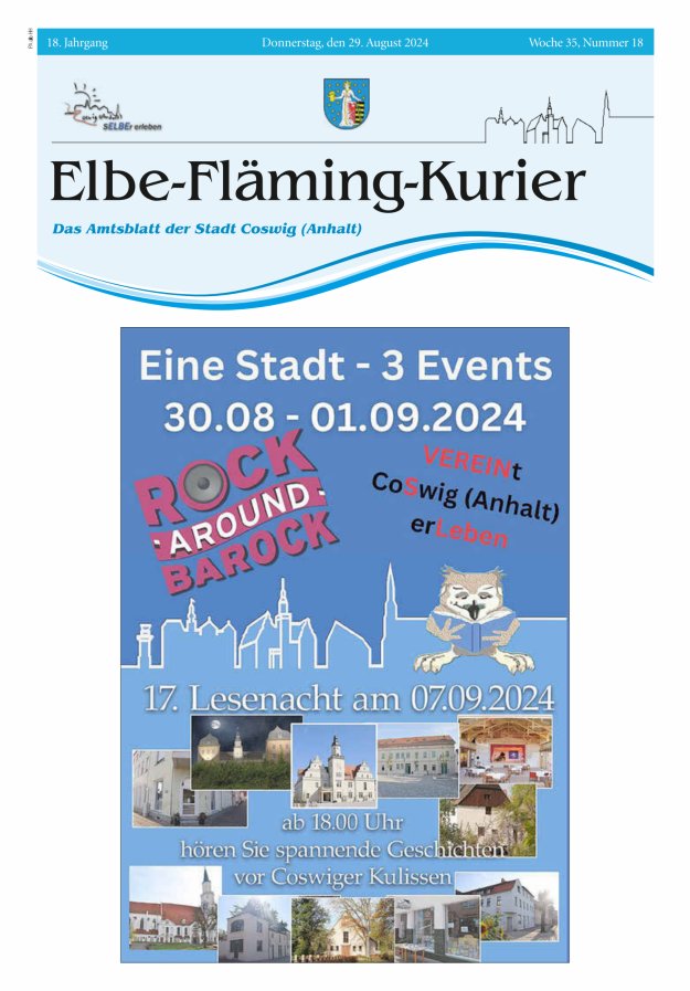 Elbe-Fläming-Kurier Das Amtsblatt der Stadt Coswig (Anhalt) Titelblatt 18/2024