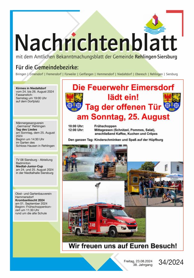 Nachrichtenblatt Rehlingen-Siersburg Titelblatt 34/2024