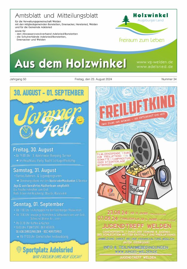 Aus dem Holzwinkel Amtsblatt u Mitteilungsblatt f VG Welden u GemAdelsried Titelblatt 34/2024