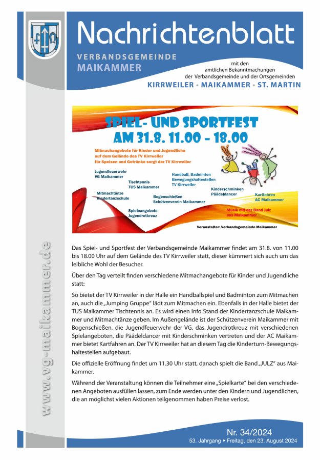 Nachrichtenblatt VG Maikammer Titelblatt 34/2024