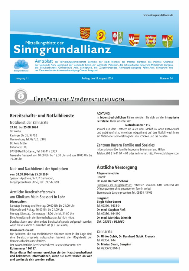 Mitteilungsblatt der Sinngrundallianz Titelblatt 34/2024