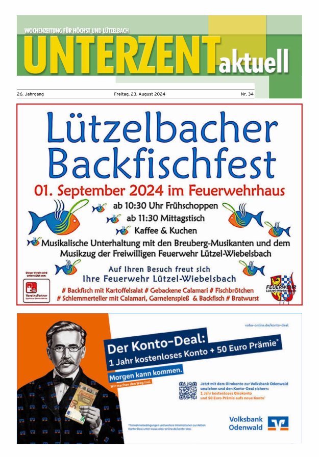 Unterzent aktuell Wochenzeitung für Höchst und Lützelbach Titelblatt 34/2024