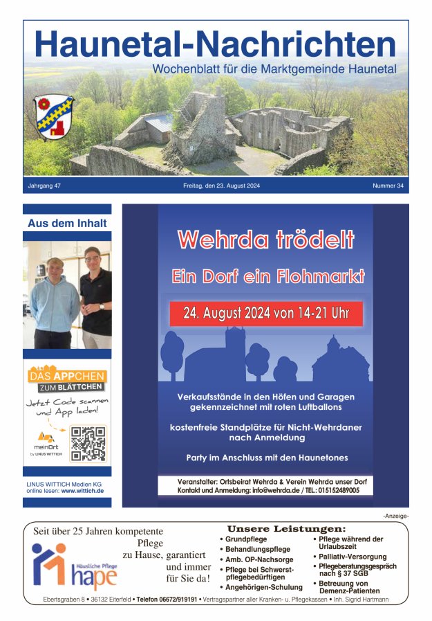 Haunetal-Nachrichten Titelblatt 34/2024