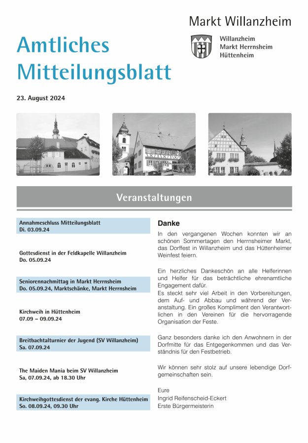 Amtliches Mitteilungsblatt des Marktes Willanzheim Titelblatt 17/2024