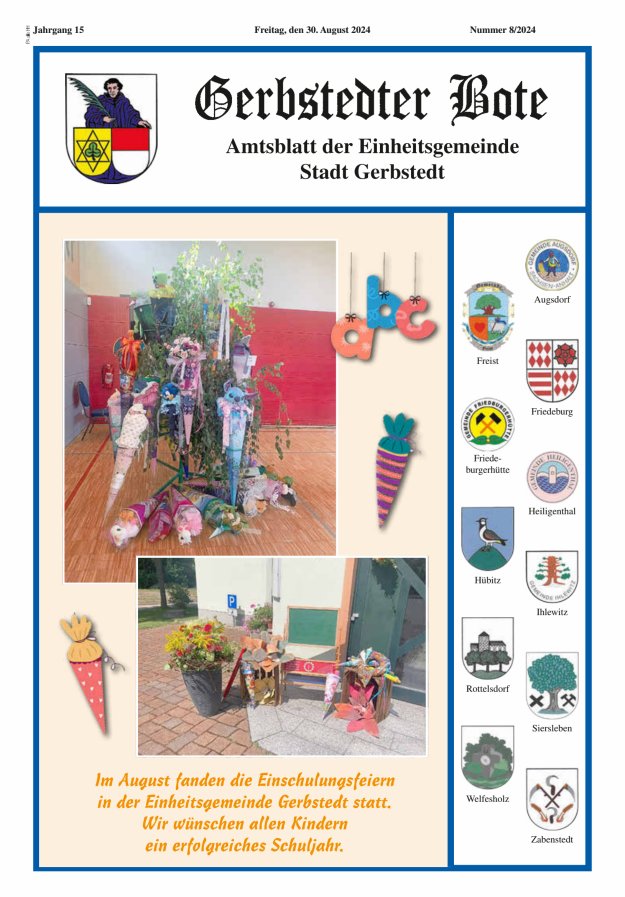 Gerbstedter Bote – Amtsblatt der Einheitsgemeinde Stadt Gerbstedt Titelblatt 08/2024