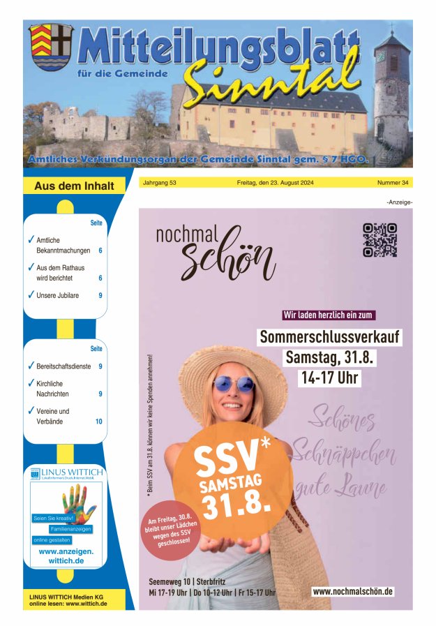 Mitteilungsblatt für die Gemeinde Sinntal Titelblatt 34/2024