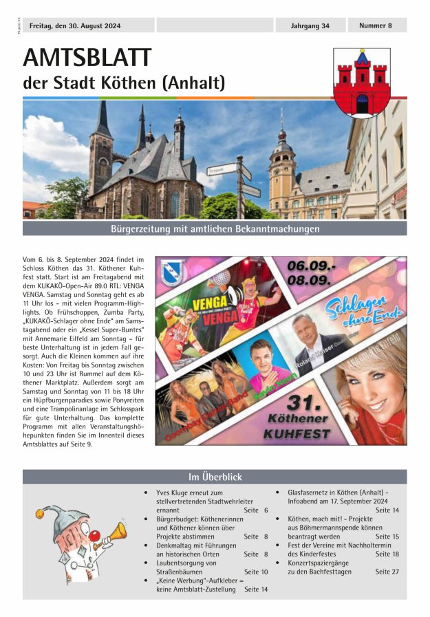 Amtsblatt der Stadt Köthen (Anhalt) – Bürgerzeitung mit amtlichen Bekanntmachungen Titelblatt 08/2024