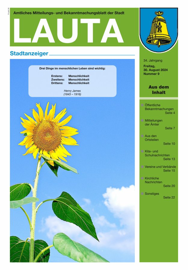 Amtliches Mitteilungs- und Bekanntmachungsblatt der Stadt Lauta - Stadtanzeiger Titelblatt 09/2024