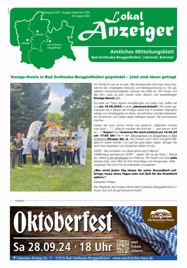 Lokal-Anzeiger - Amtliches Mitteilungsblatt Bad Gottleuba-Berggießhübel, Liebstadt, Bahretal Titelblatt 08/2024