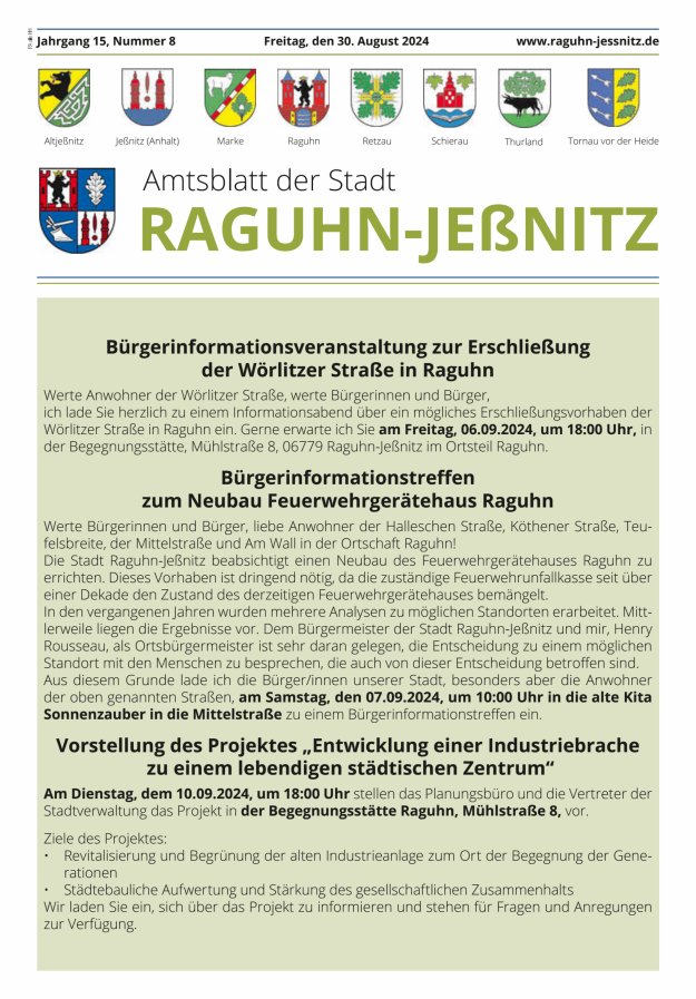 Amtsblatt der Stadt Raguhn-Jeßnitz Titelblatt 08/2024