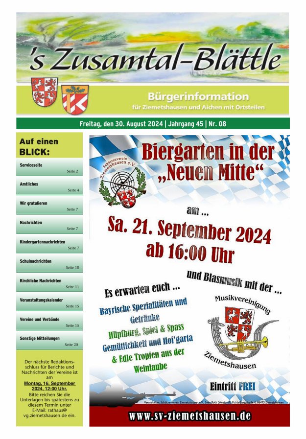 's Zusamtal-Blättle Bürgerinformationen für Ziemetshausen und Aichen mit OTen Titelblatt 08/2024