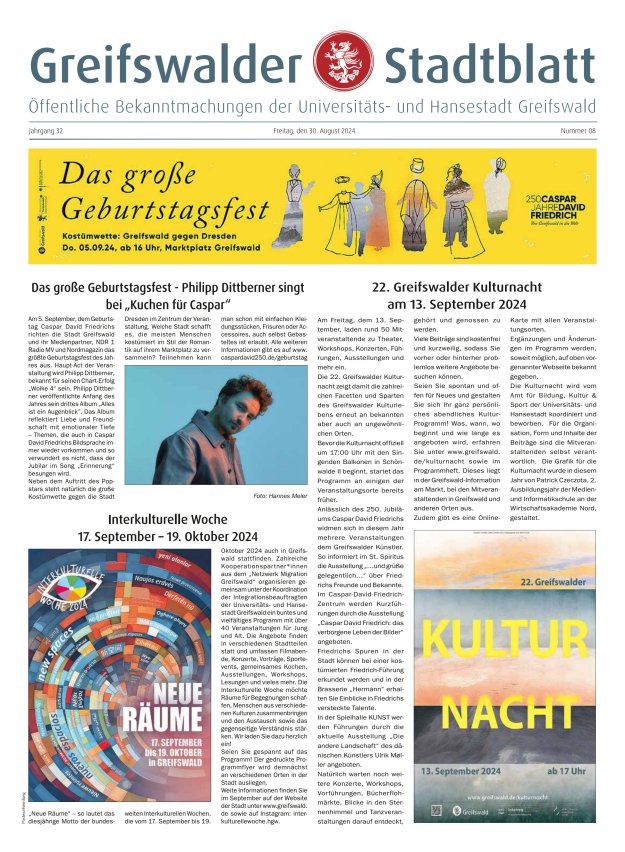 Greifswalder Stadtblatt Titelblatt 08/2024