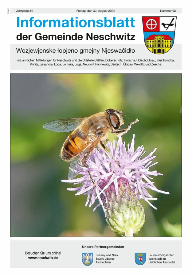 Informationsblatt der Gemeinde Neschwitz mit amtlichen Mitteilungen Titelblatt 08/2024