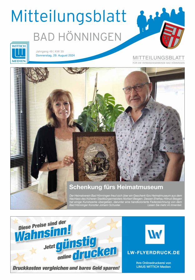 Mitteilungsblatt für den Bereich der Verbandsgemeinde Bad Hönningen Titelblatt 35/2024