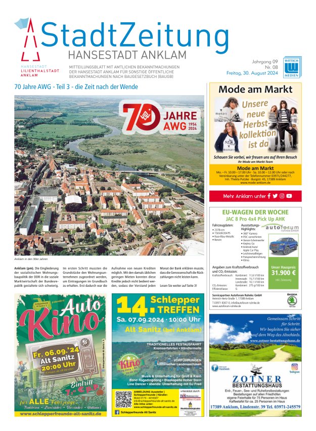 Anklam StadtZeitung Titelblatt 08/2024