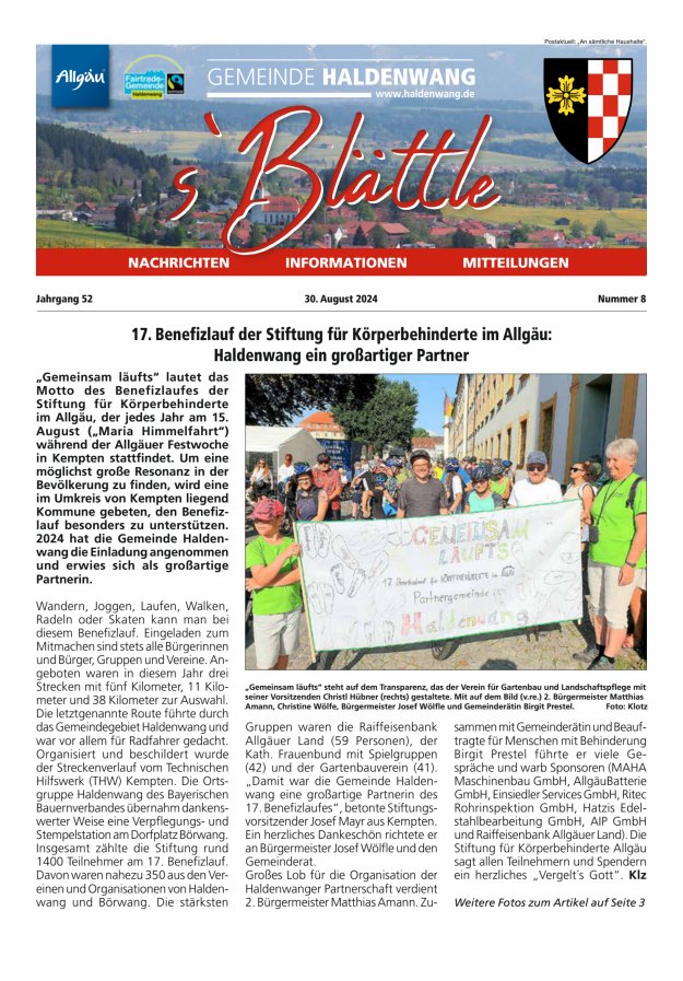 sBlättle der Gemeinde Haldenwang Titelblatt 08/2024