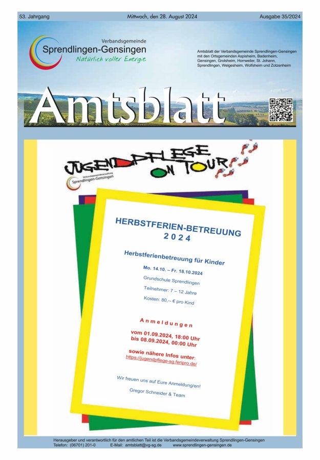 Amtsblatt VG Sprendlingen-Gensingen Titelblatt 35/2024