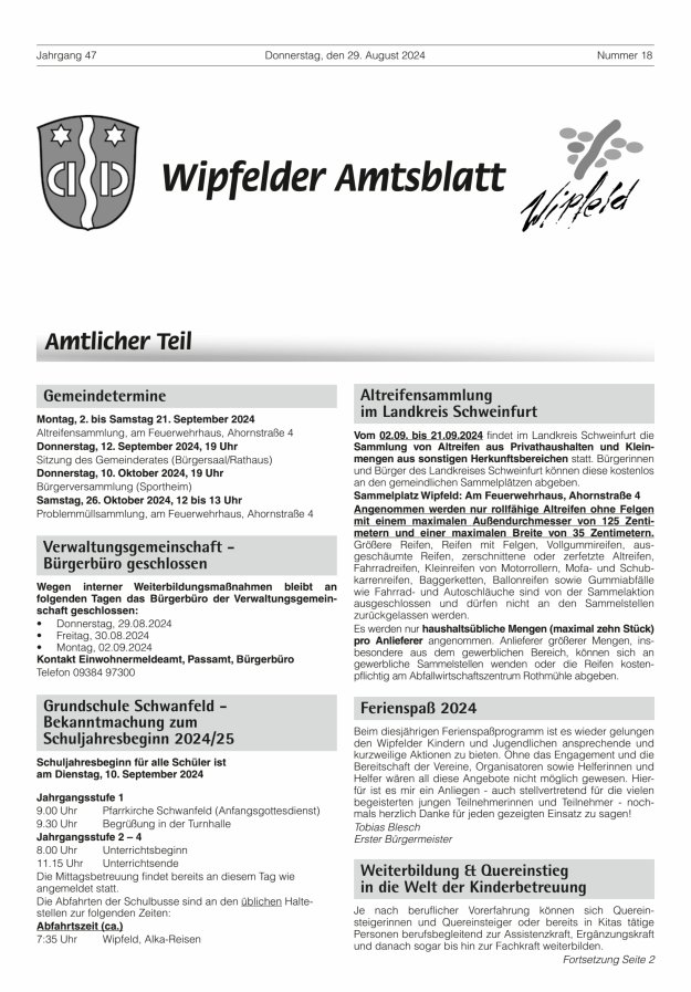 Wipfelder Amtsblatt Titelblatt 18/2024