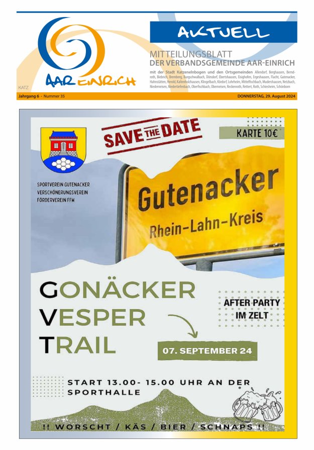 Mitteilungsblatt der Verbandsgemeinde Aar-Einrich Ausgabe Katzenelnbogen Titelblatt 35/2024