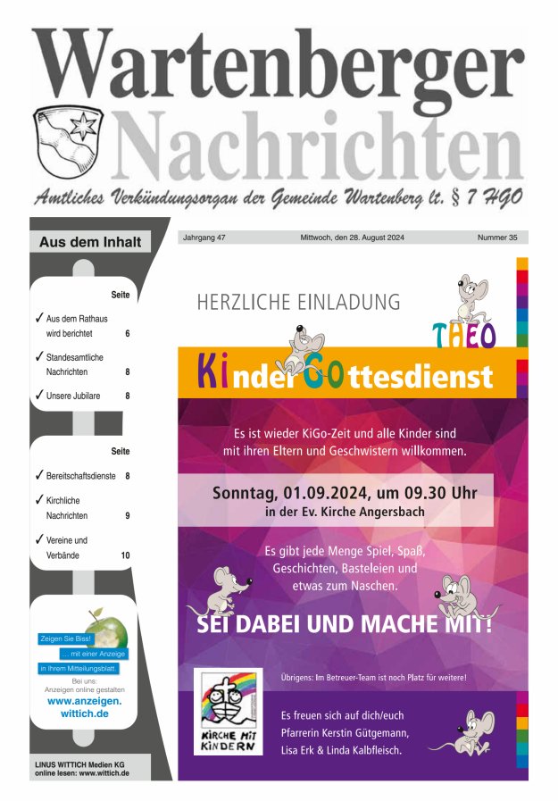 Wartenberger Nachrichten Titelblatt 35/2024