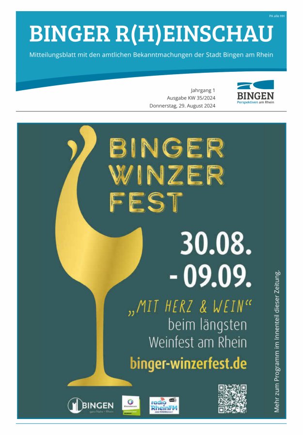 Binger R(h)einschau - Mitteilungsblatt mit den Amtlichen Bekanntmachungen der Stadt Bingen Titelblatt 09/2024