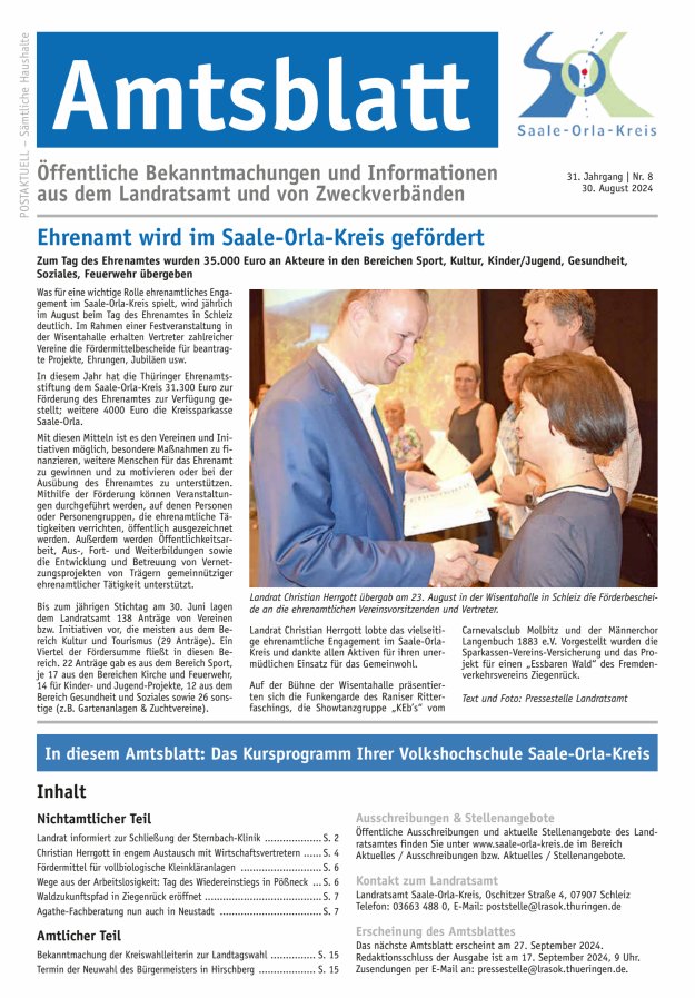 Amtsblatt des Saale-Orla-Kreises Titelblatt 08/2024