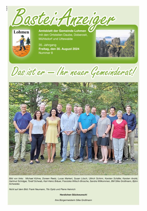 Bastei-Anzeiger - Amtsblatt der Gemeinde Lohmen mit den Ortsteilen Titelblatt 08/2024