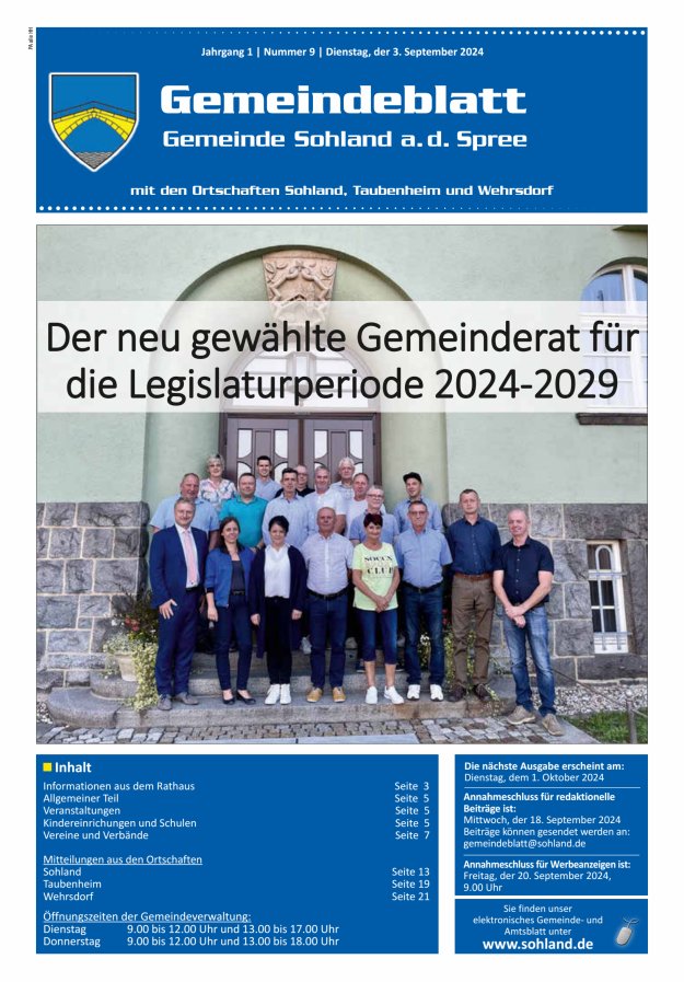 Amtsblatt der Gemeinde Sohland a. d. Spree mit den Ortschaften Sohland, Taubenheim und Wehrsdorf Titelblatt 09/2024
