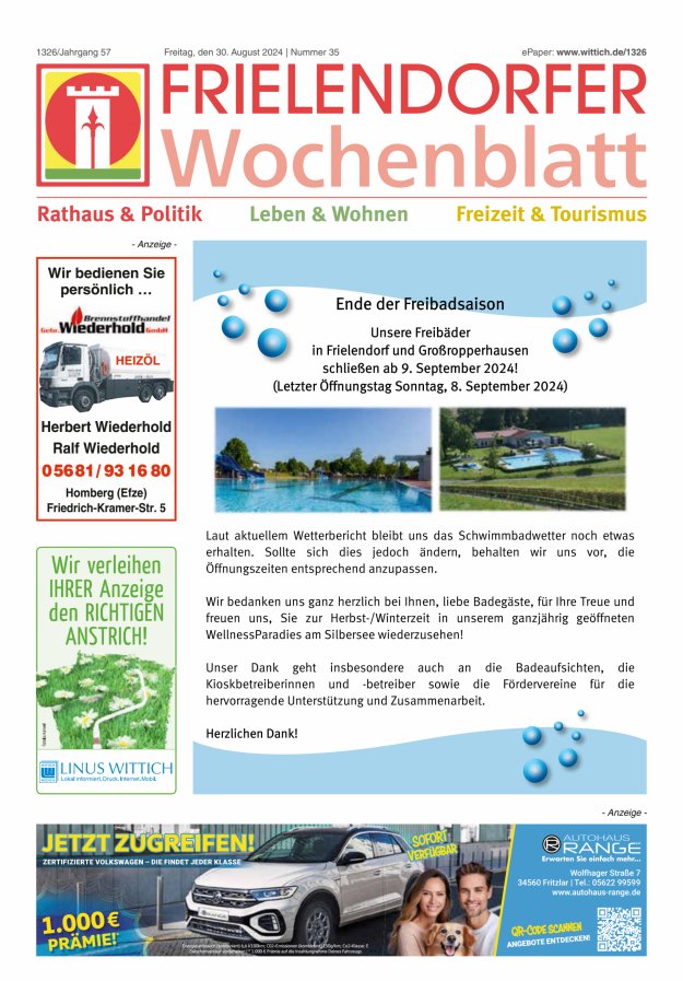 Frielendorfer Wochenblatt Titelblatt 35/2024