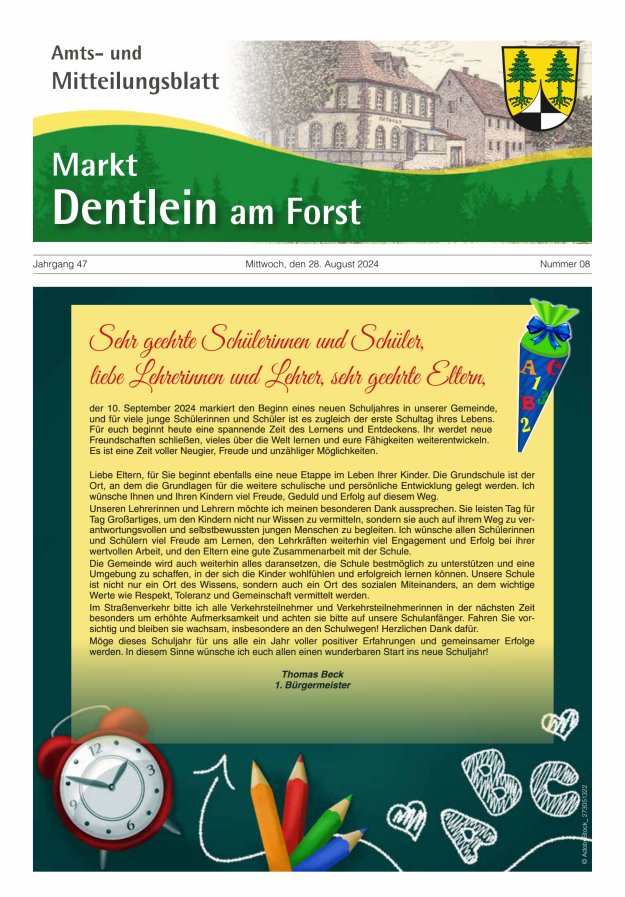 Amts- und Mitteilungsblatt Markt Dentlein am Forst Titelblatt 08/2024