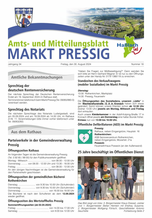 Amtsblatt für den Markt Pressig mit den Gemeindeteilen Titelblatt 18/2024
