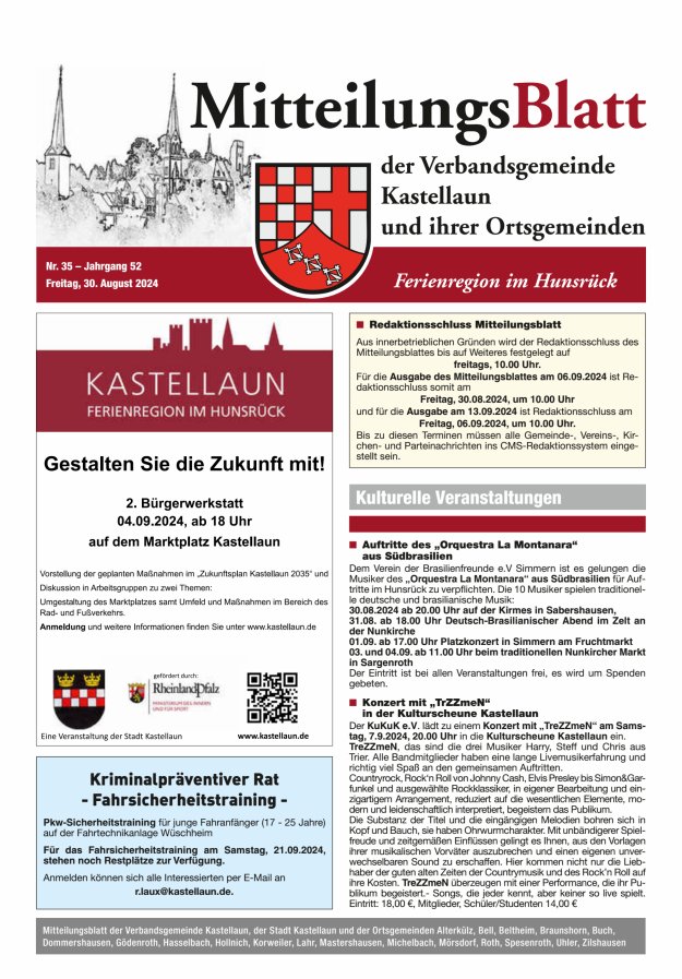 Mitteilungsblatt Kastellaun Titelblatt 35/2024