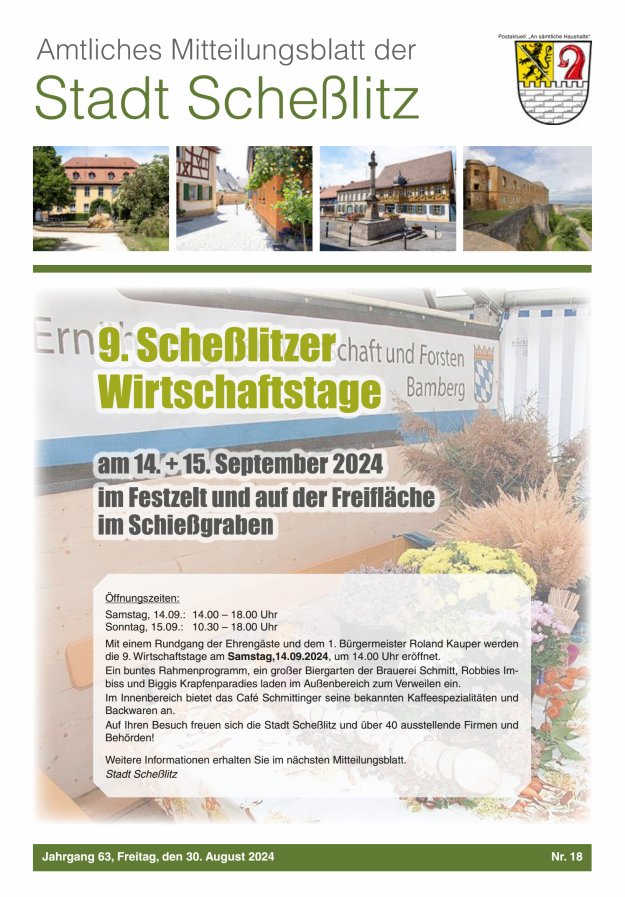 Scheßlitzer Anzeiger - Amtliches Mitteilungsblatt der Stadt Scheßlitz Titelblatt 18/2024