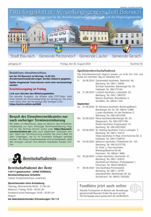 Mitteilungsblatt Verwaltungsgemeinschaft Baunach Titelblatt 35/2024