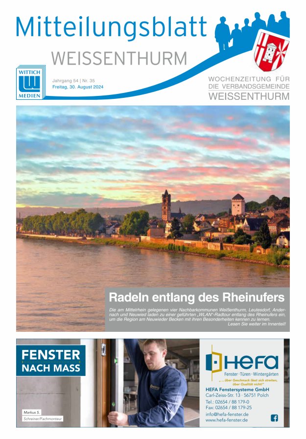 Mitteilungsblatt für den Bereich der Verbandsgemeinde Weißenthurm Titelblatt 35/2024