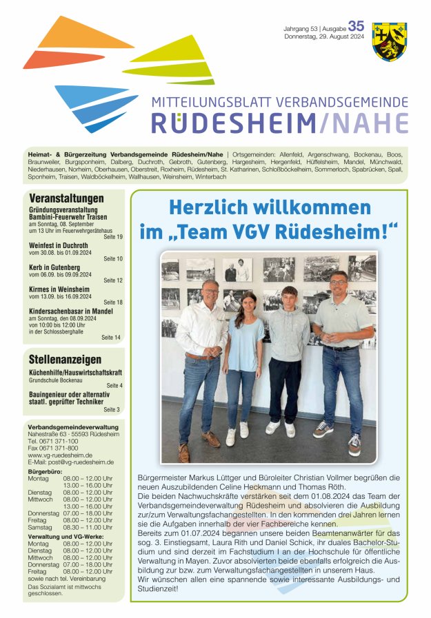 Mitteilungsblatt Verbandsgemeinde Rüdesheim und zugehörige Ortsgemeinden Titelblatt 35/2024