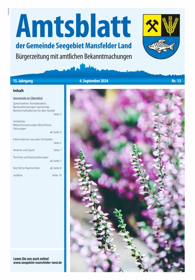 Amtsblatt der Gemeinde Seegebiet Mansfelder Land Titelblatt 13/2024